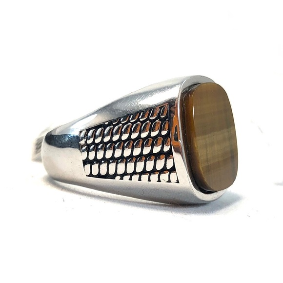 JAN LESLIE COBRA ETCHED TIGER'S EYE STERLING SILVER RING